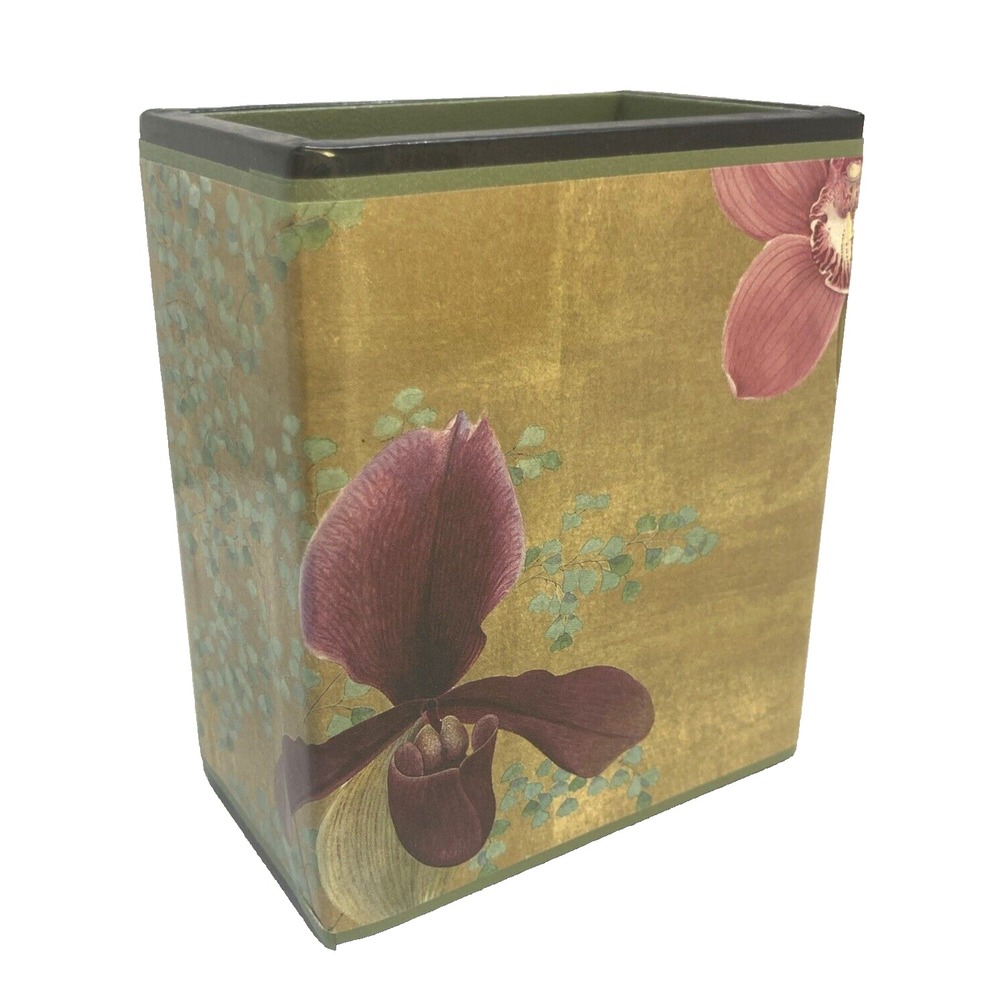 Vintage MCM Wooden Decoupage Pen Holder Iris Flowers 4.25"
